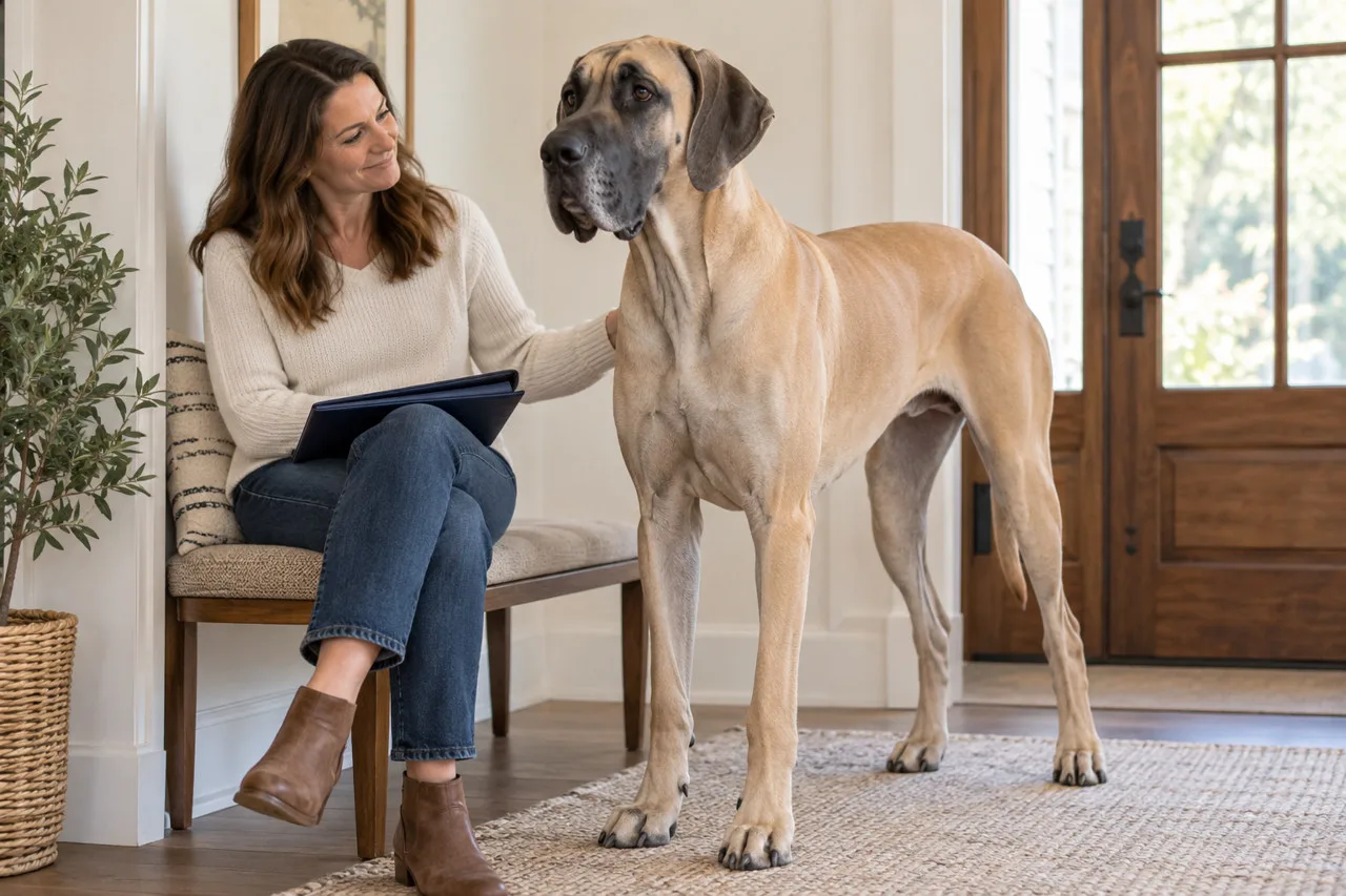 Illustrative fawn Great Dane standing beside its seated owner at home